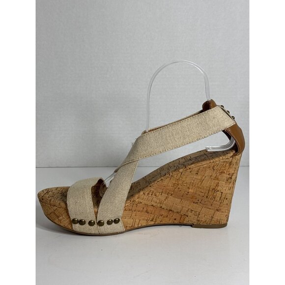 Lucky Brand Beige Strappy Cork Wedge Sandals With Studded Detail Women Size 10M - Picture 7 of 16